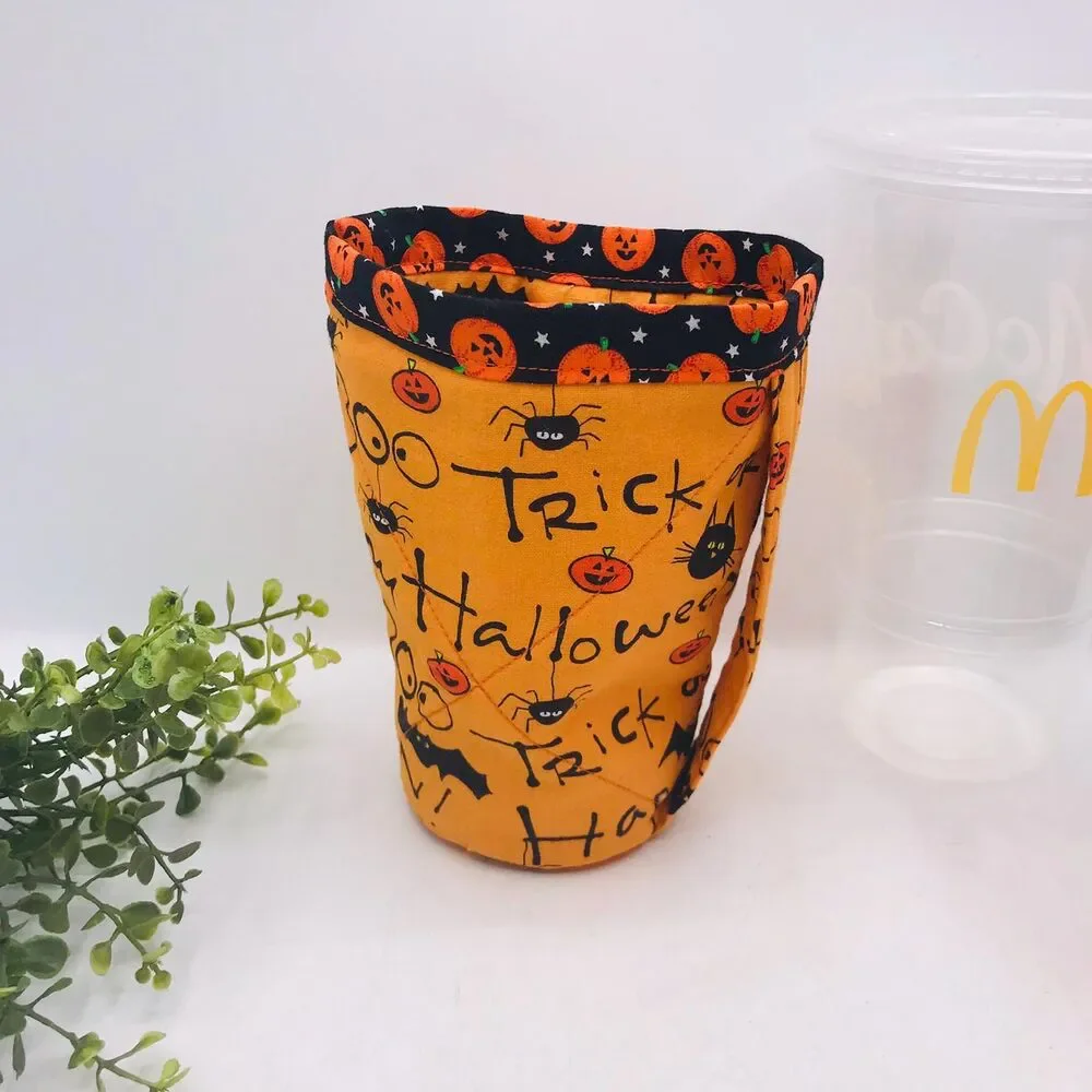 Drink Coozie w Handle Hot or Iced Drinks Cozy Insulated Halloween Orange